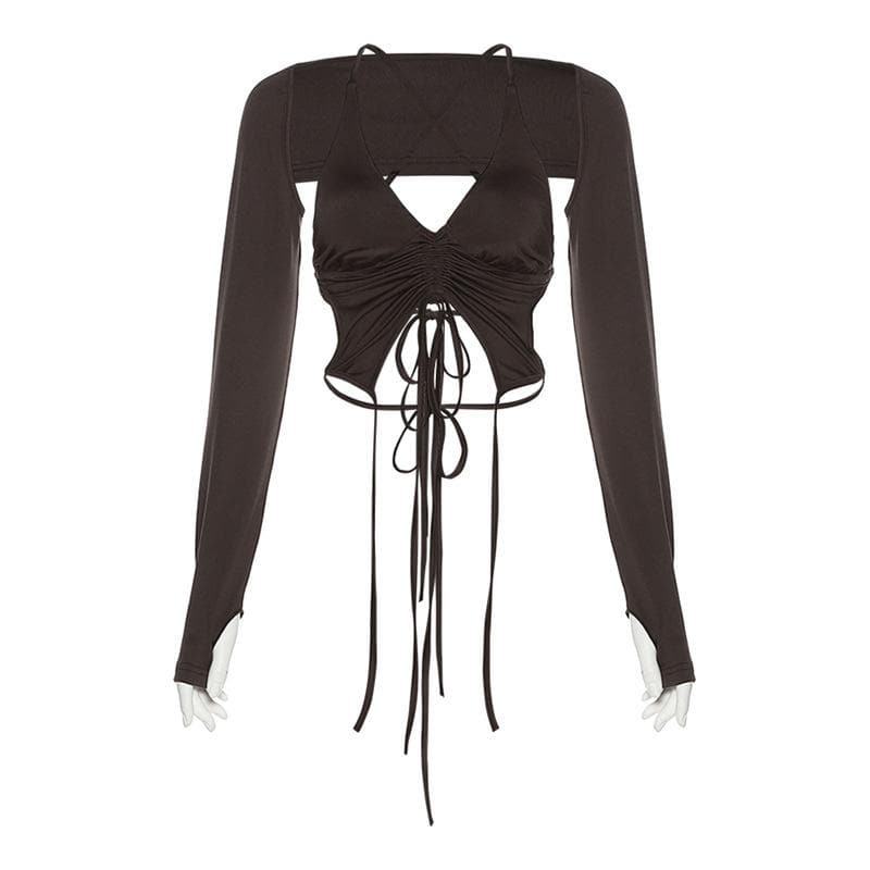 Long sleeves V neck halter ruched solid 2 piece top goth Alternative Darkwave Fashion goth Emo Darkwave Fashion