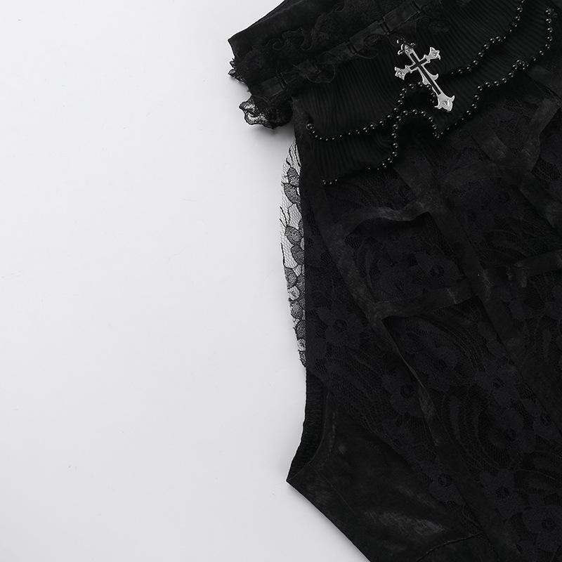 High neck velvet ruffle lace cross applique top