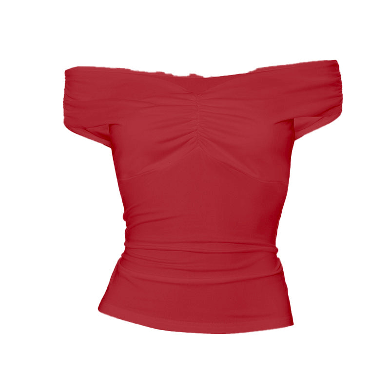 Off shoulder ruched v neck solid top