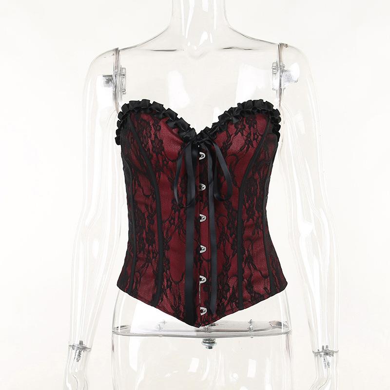 Sweetheart neck backless ruffle button corset contrast top goth Alternative Darkwave Fashion goth Emo Darkwave Fashion