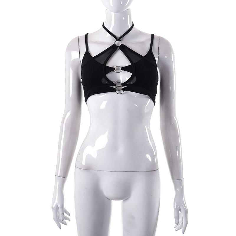 Mesh halter o ring solid hollow out backless patchwork crop top goth Alternative Darkwave Fashion goth Emo Darkwave Fashion