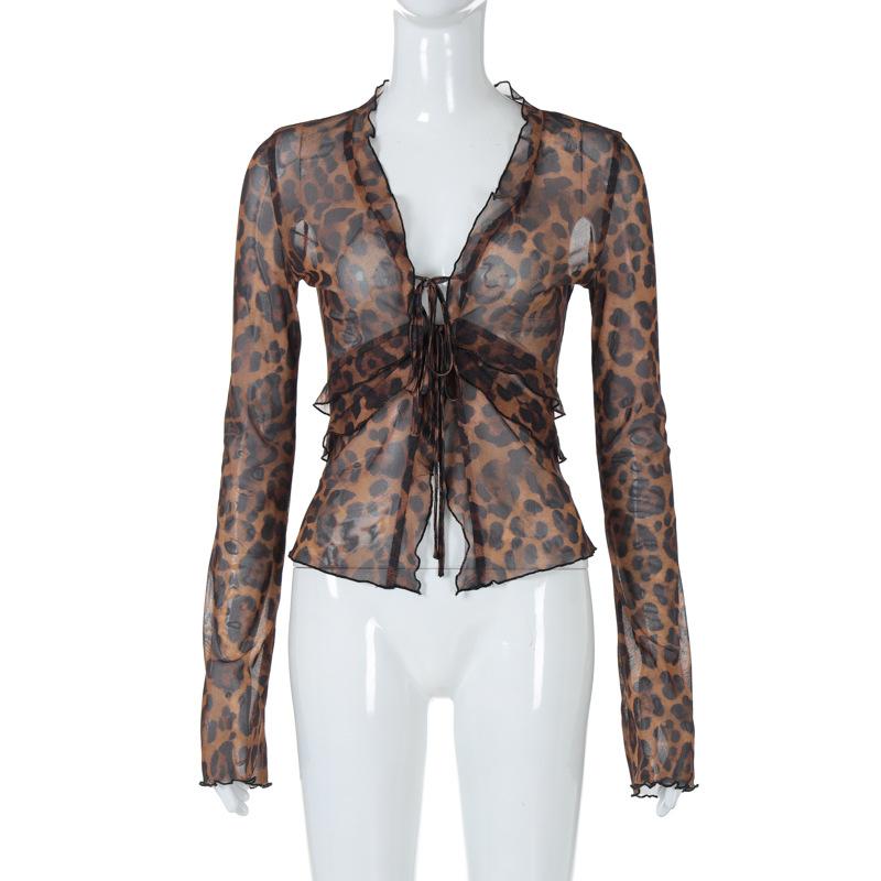 Long flared sleeve leopard print ruffle knotted sheer mesh top