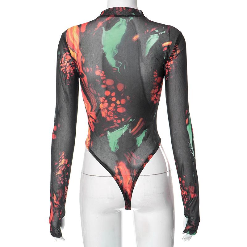 Sheer mesh long sleeve tie dye contrast gloves see through bodysuit