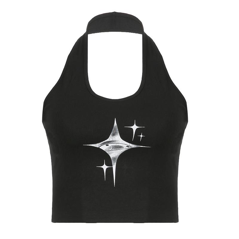 Star pattern u neck halter backless contrast crop top goth Alternative Darkwave Fashion goth Emo Darkwave Fashion