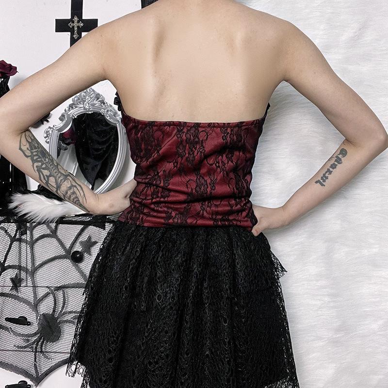 Sweetheart neck backless ruffle button corset contrast top goth Alternative Darkwave Fashion goth Emo Darkwave Fashion