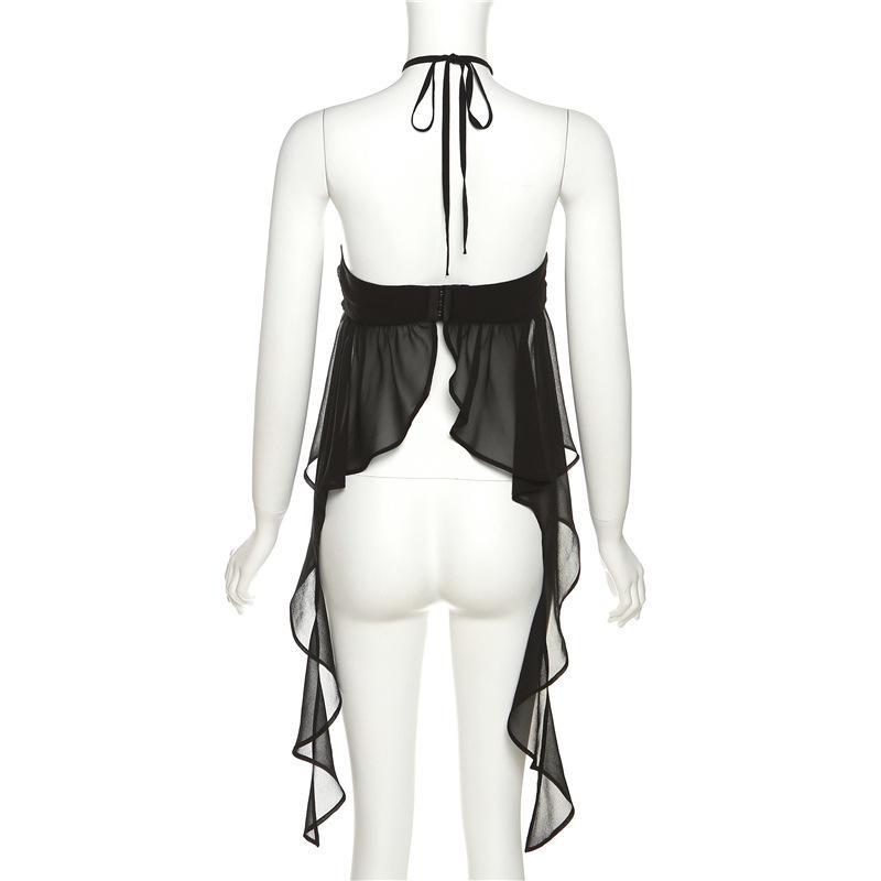 Chiffon ruffle o ring ruched halter backless button crop top goth Alternative Darkwave Fashion goth Emo Darkwave Fashion