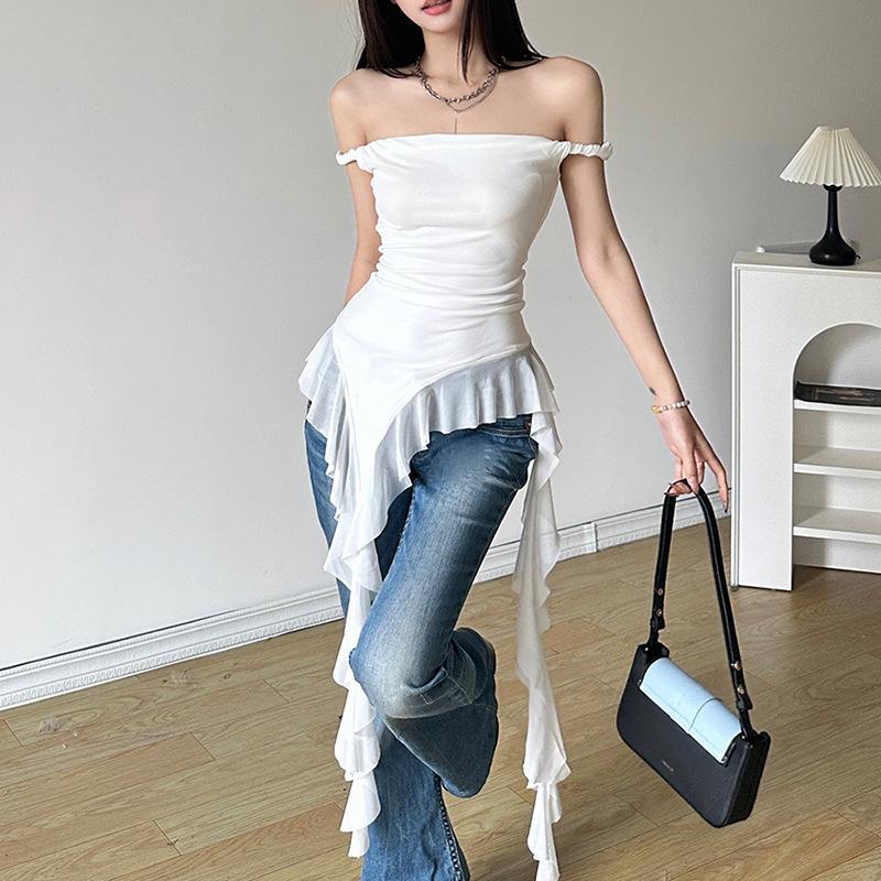 Off shoulder ruffle irregular mesh top