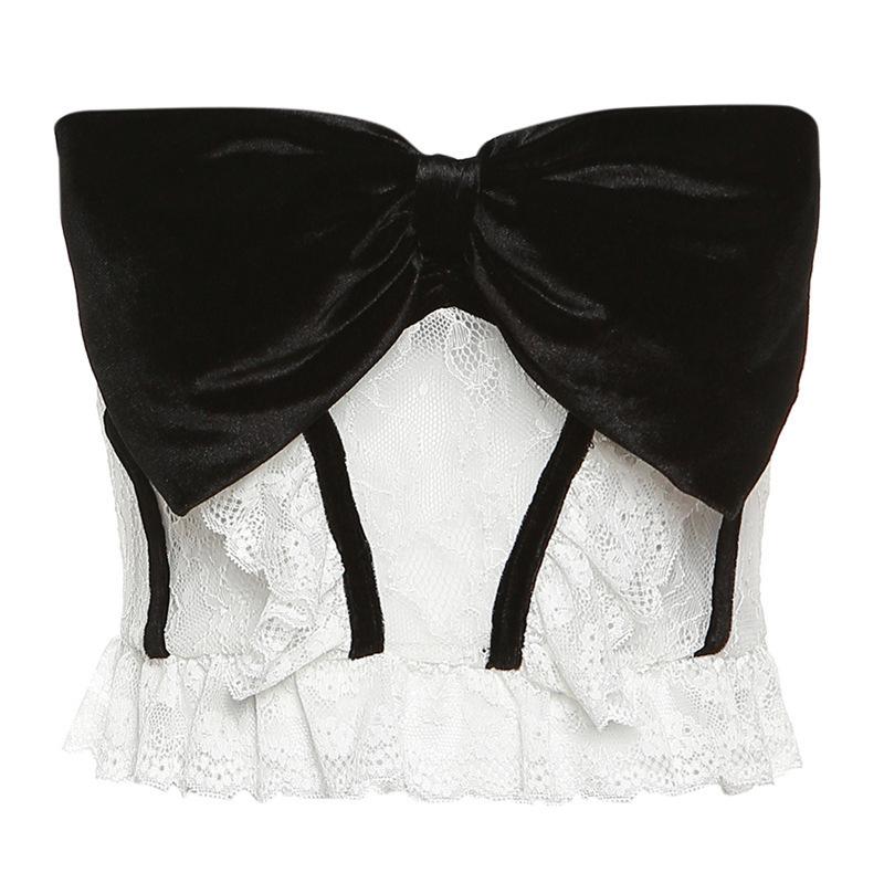 Velvet bowknot contrast lace ruffle backless tube crop top