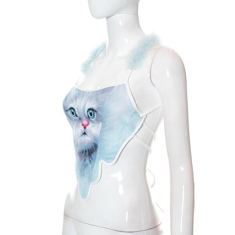 Cat print self tie open back feather halter crop top y2k 90s Revival Techno Fashion