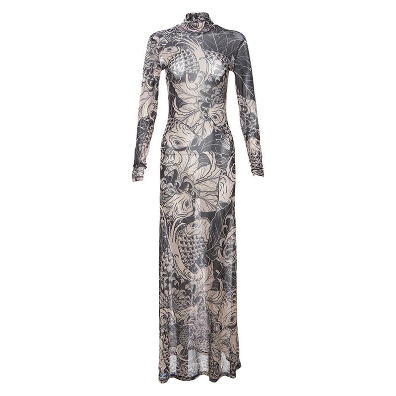 Sheer mesh see through abstract long sleeve high neck maxi dress cyberpunk Sci-Fi punk Fashion cyberpunk Sci-Fi Fashion