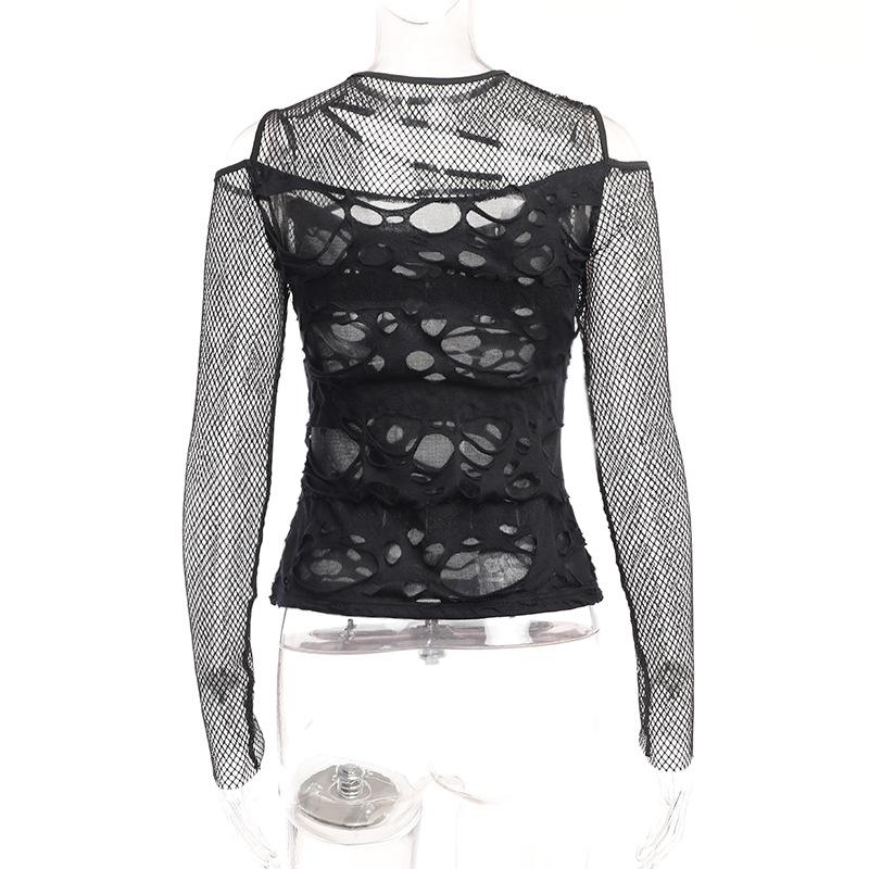 Long sleeve fishnet hollow out irregular see through top