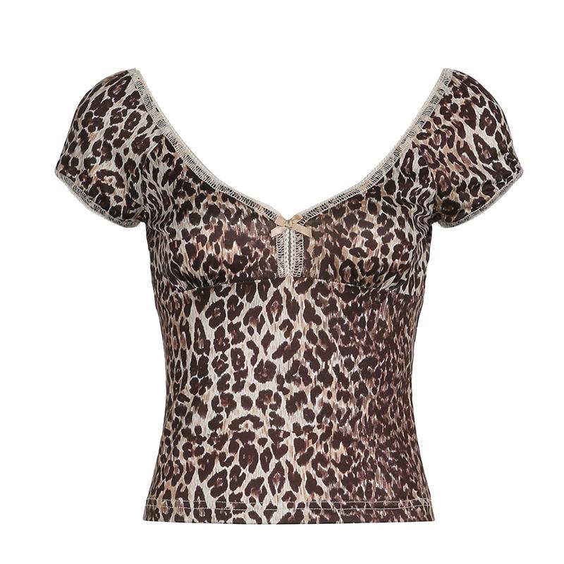 Short puff sleeve leopard print bowknot top