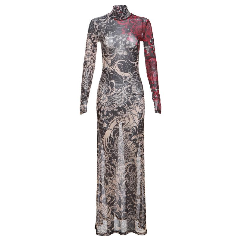 Long sleeve high neck print sheer mesh maxi dress