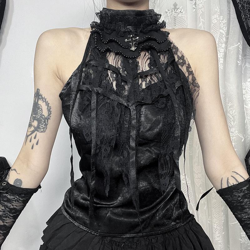 High neck velvet ruffle lace cross applique top