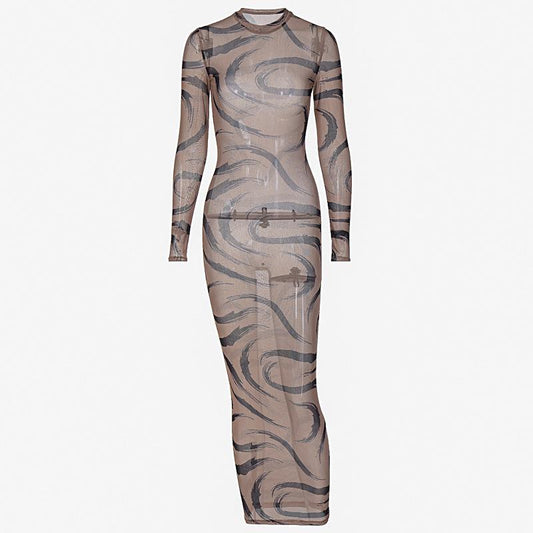 Sheer mesh see through long sleeve contrast print maxi dress y2k 90s Revival Techno Fashion