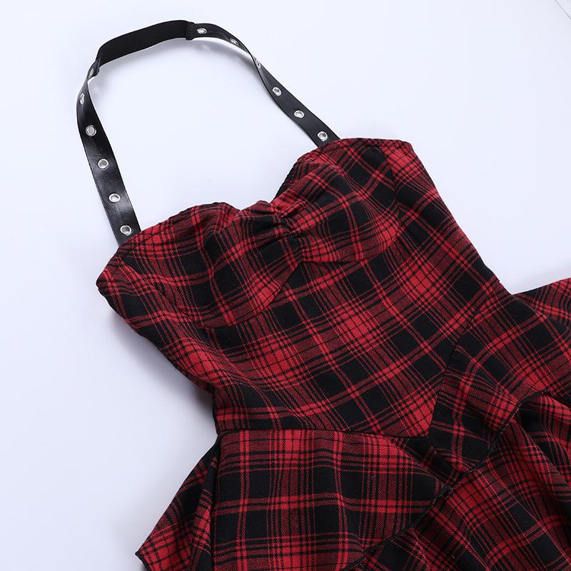 Zip-up halter contrast irregular plaid backless mini dress goth Alternative Darkwave Fashion victorian goth fashion goth Emo Darkwave Fashion