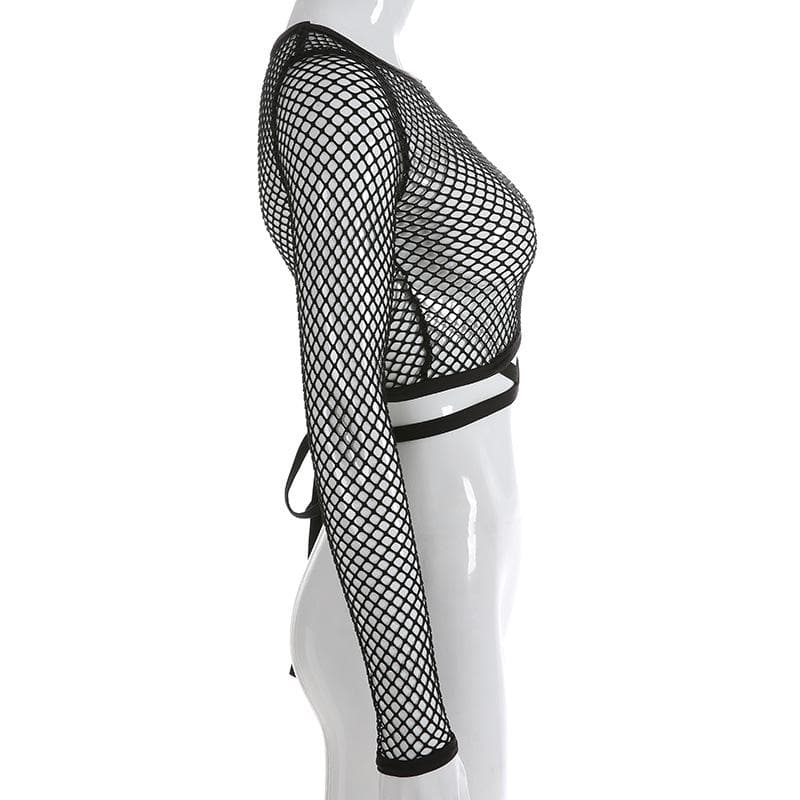 Round neck long sleeve tie back fishnet top goth Alternative Darkwave Fashion goth Emo Darkwave Fashion