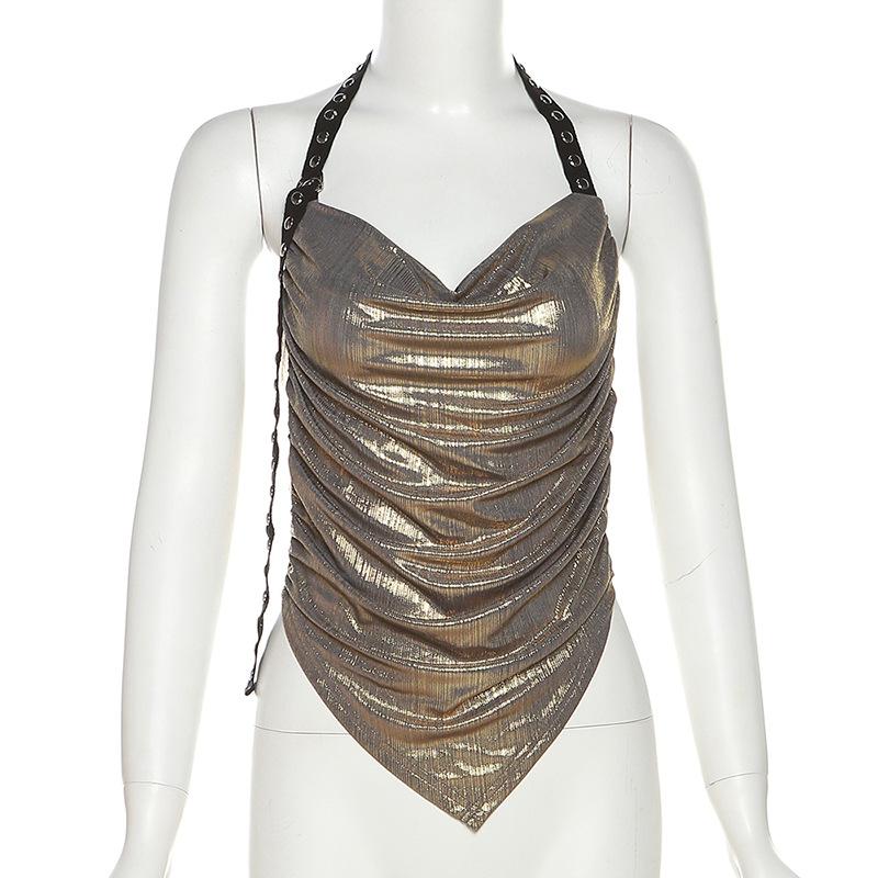 Halter cowl neck metallic backless top