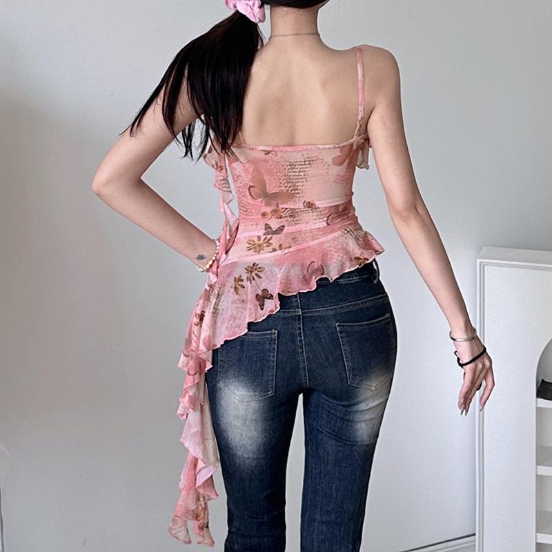 U neck sheer mesh print ruffle flower applique cami top