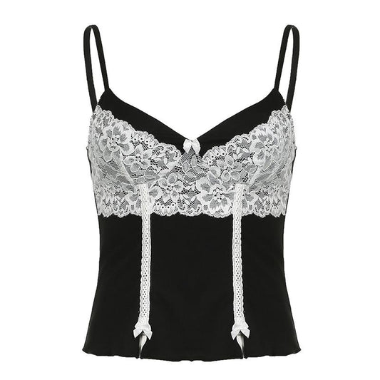 V neck lace hem bowknot cami top