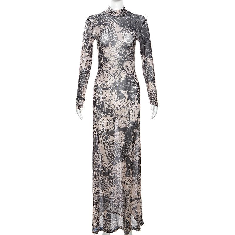 Sheer mesh see through abstract long sleeve high neck maxi dress cyberpunk Sci-Fi punk Fashion cyberpunk Sci-Fi Fashion