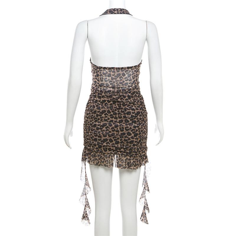 Halter v neck leopard print ruffle mini dress