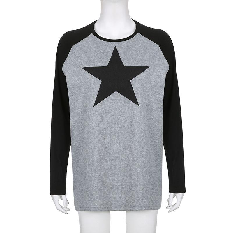 Contrast long sleeve round neck star pattern top grunge 90s Streetwear Disheveled Chic Fashion grunge 90s Streetwear Distressed Fashion