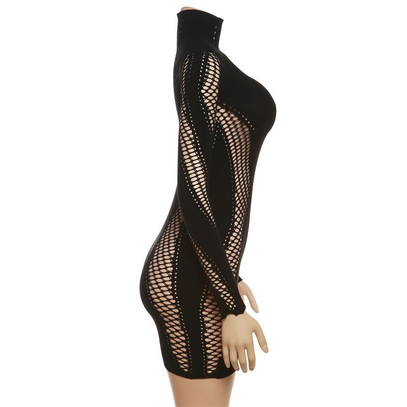 Hollow out solid long sleeve fishnet high neck mini dress