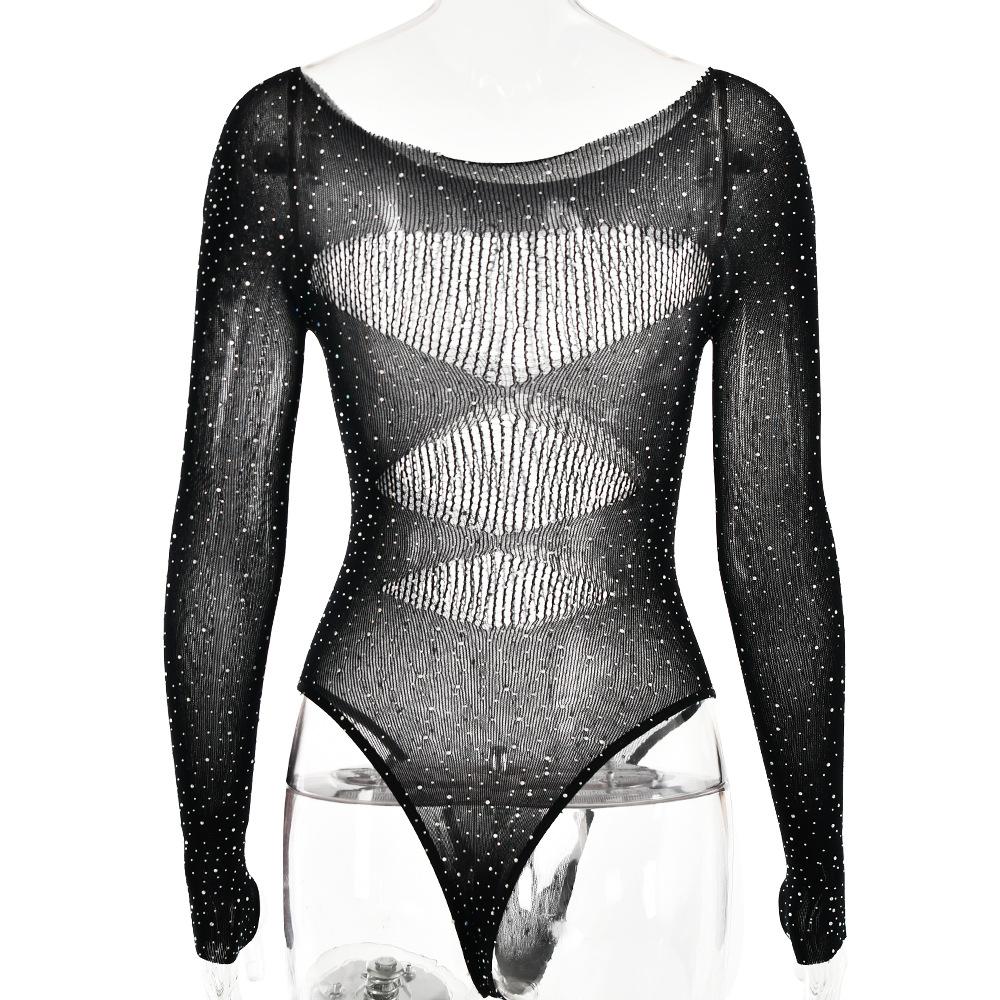 Fishnet solid beaded long sleeve gloves round neck bodysuit