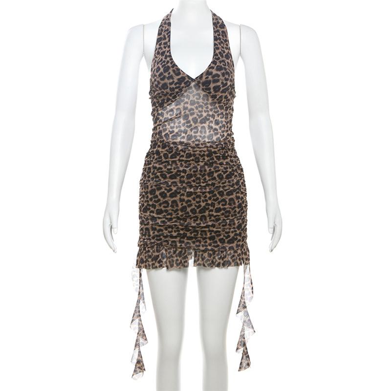 Halter v neck leopard print ruffle mini dress