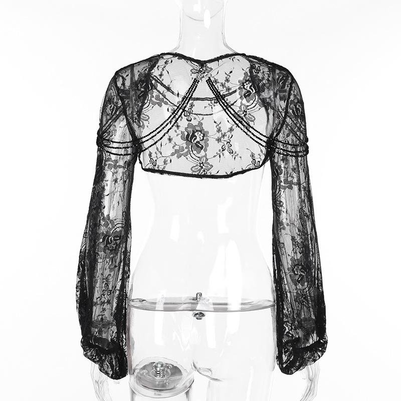 Flared sleeve beaded o ring mesh shrug top