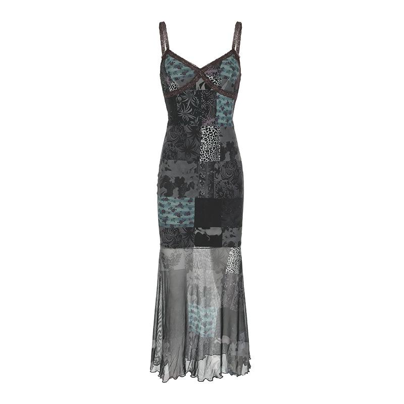 V neck print lace hem mesh cami midi dress