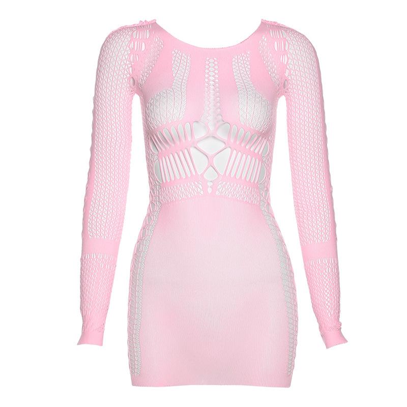 Fishnet long sleeve round neck hollow out see through solid mini dress y2k 90s Revival Techno Fashion