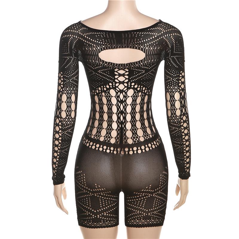 Long sleeve hollow out fishnet solid romper y2k 90s Revival Techno Fashion