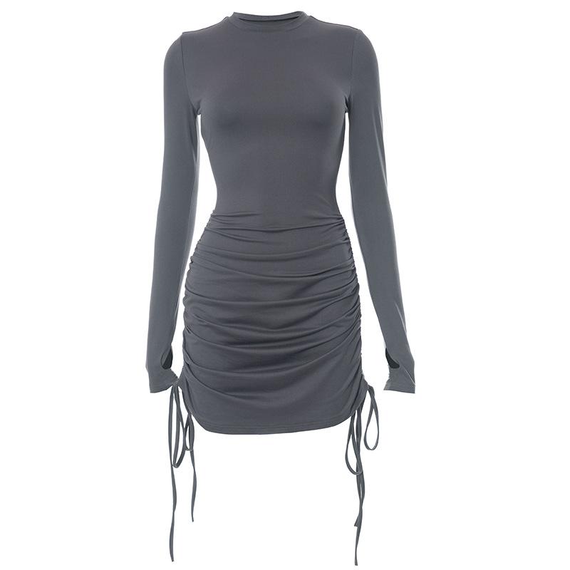 Long sleeve drawstring gloves solid mini dress