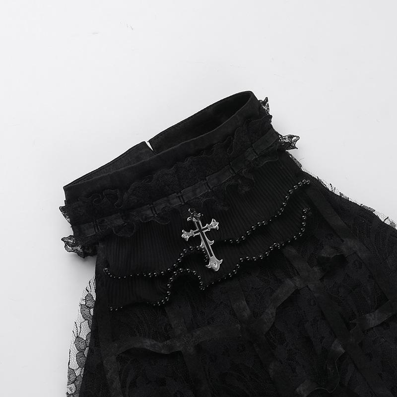 High neck velvet ruffle lace cross applique top