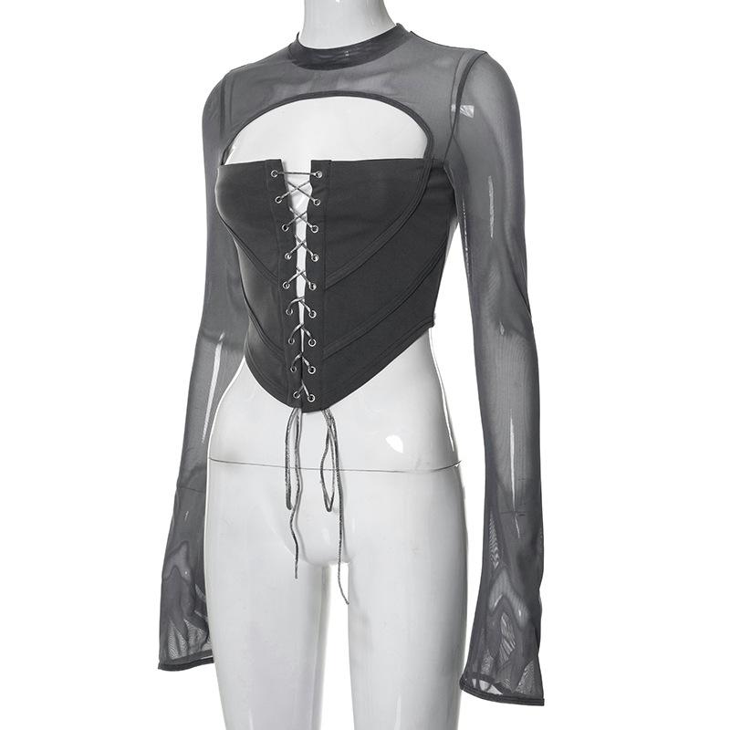 Lace up flared sleeve crewneck corset hollow out backless top y2k 90s Revival Techno Fashion