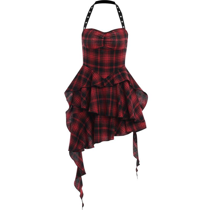 Zip-up halter contrast irregular plaid backless mini dress goth Alternative Darkwave Fashion victorian goth fashion goth Emo Darkwave Fashion