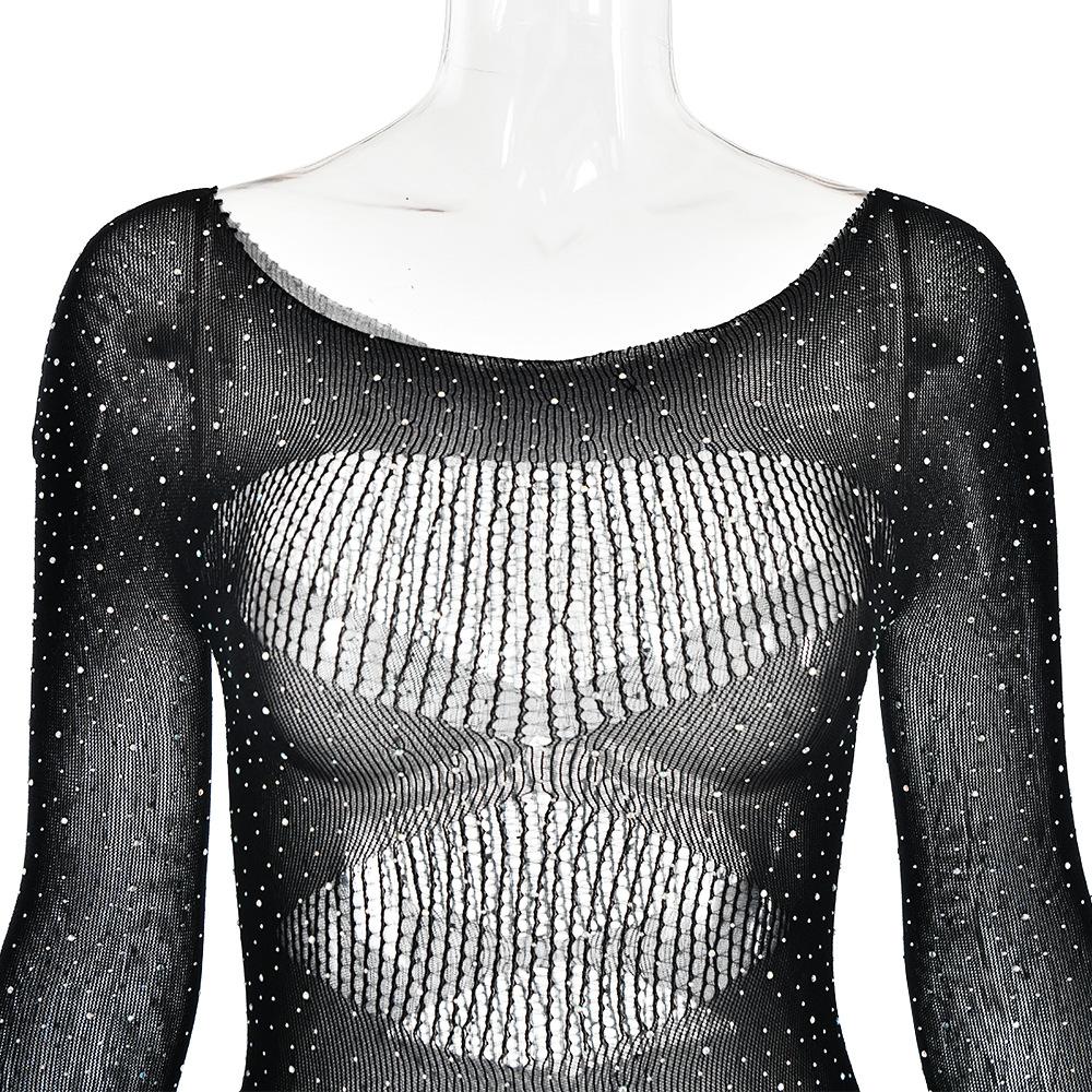 Fishnet solid beaded long sleeve gloves round neck bodysuit