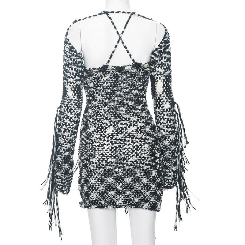 Long sleeve knitted tassels cross back contrast mini dress