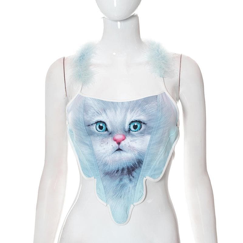 Cat print self tie open back feather halter crop top y2k 90s Revival Techno Fashion