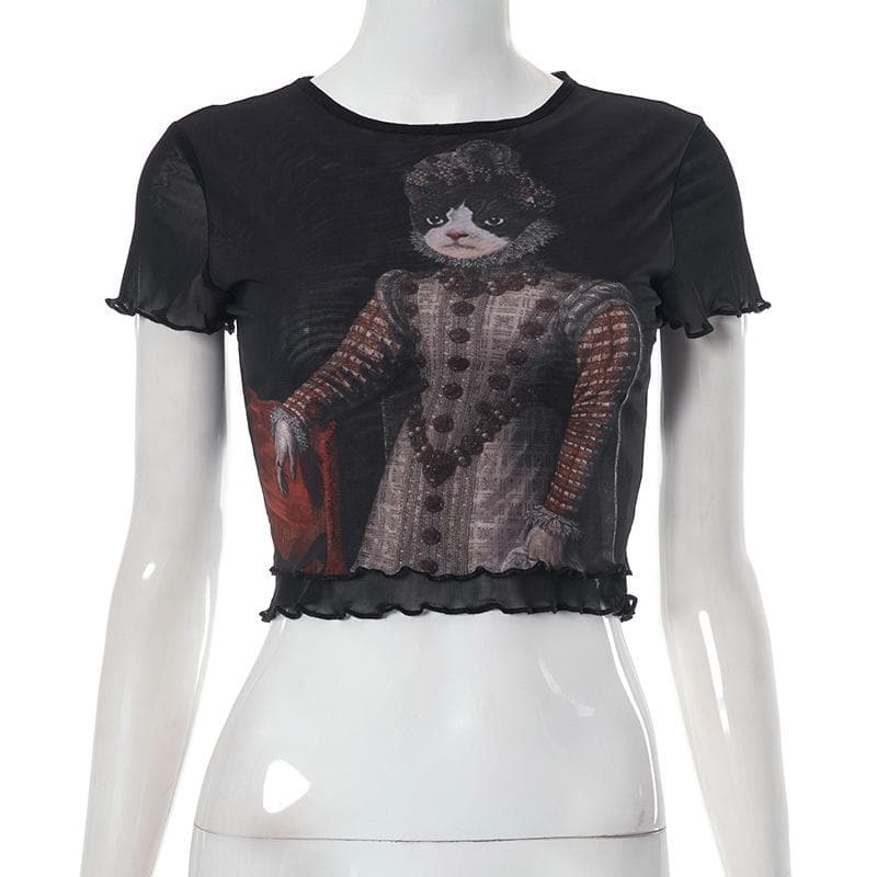 Mesh cat pattern short sleeve ruffle contrast crop top grunge 90s Streetwear Disheveled Chic Fashion grunge 90s Streetwear Distressed Fashion