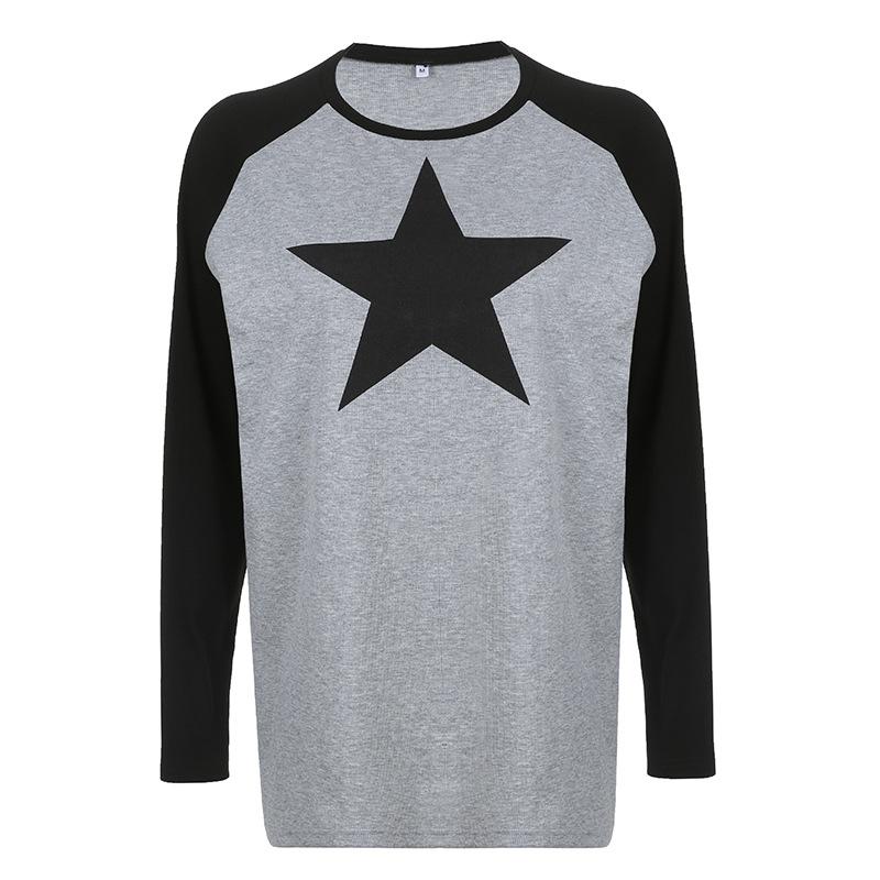 Contrast long sleeve round neck star pattern top grunge 90s Streetwear Disheveled Chic Fashion grunge 90s Streetwear Distressed Fashion