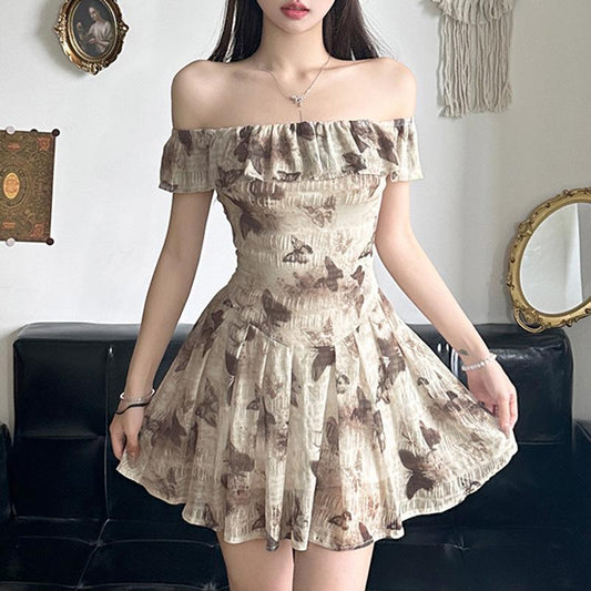 Off shoulder ruffle butterfly print mini dress