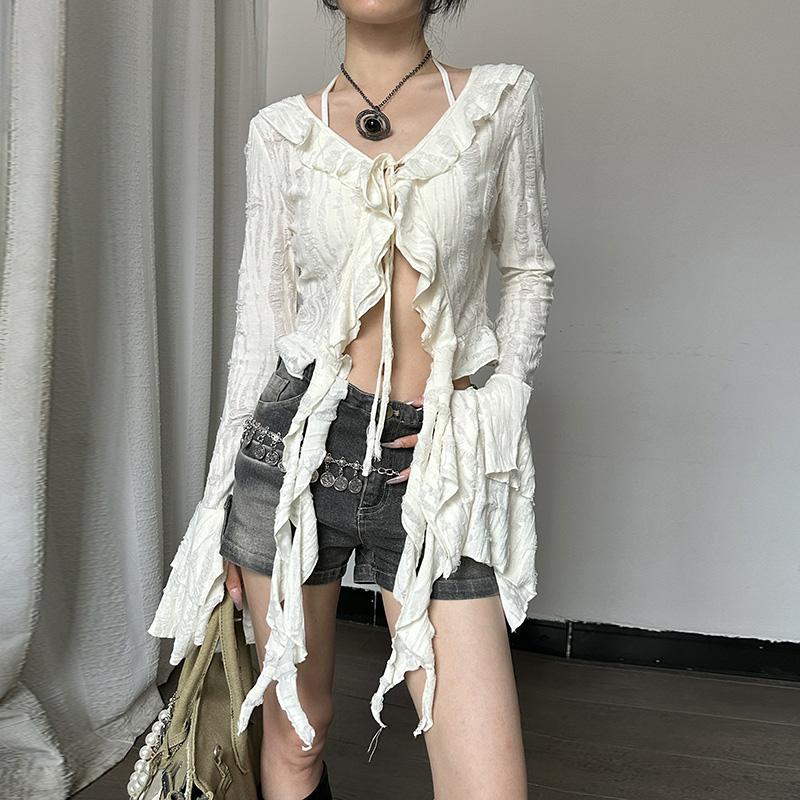 Long flared sleeve ruffle textured slit knotted top