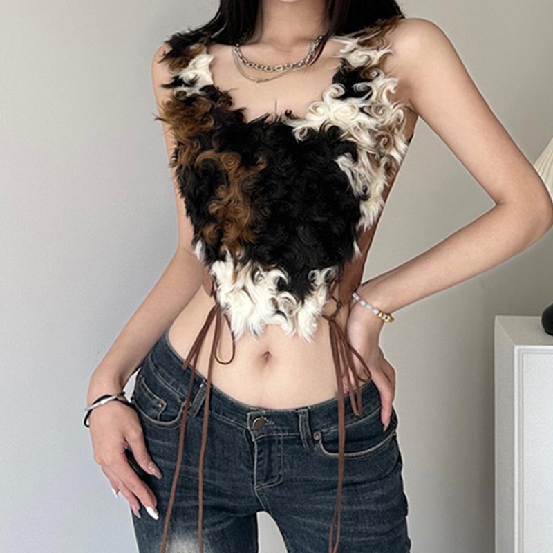 Fluffy contrast lace up sleeveless backless crop top