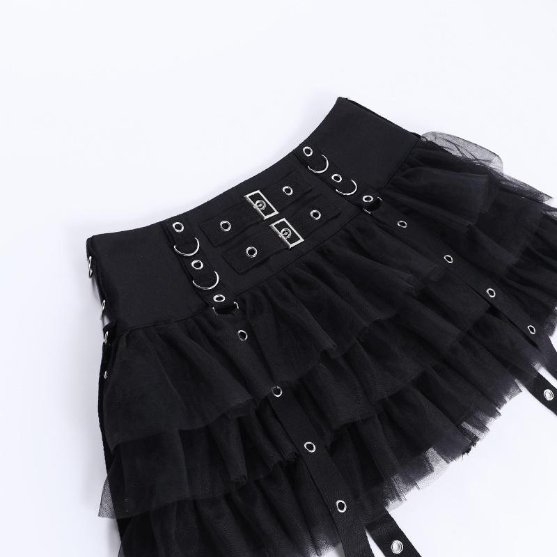 Buckle mesh zip-up ruched A line mini skirt goth Alternative Darkwave Fashion goth Emo Darkwave Fashion