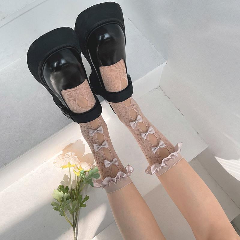 Lace hollow out bowknot satin long socks