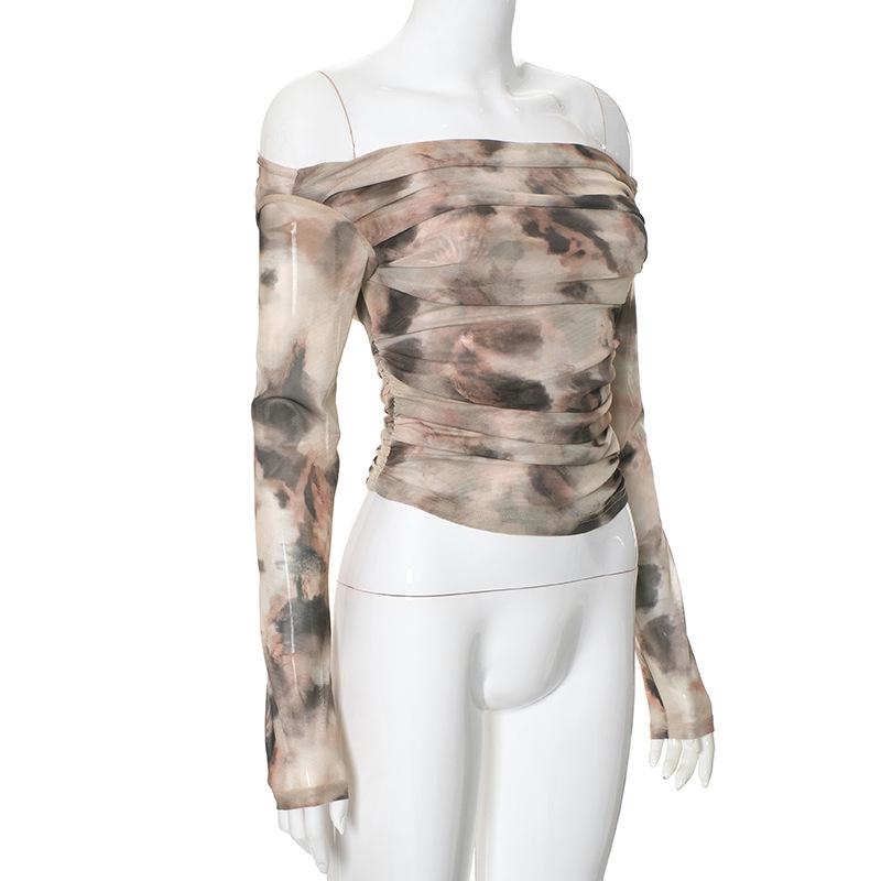 Tie dye contrast mesh ruched off shoulder long sleeve top