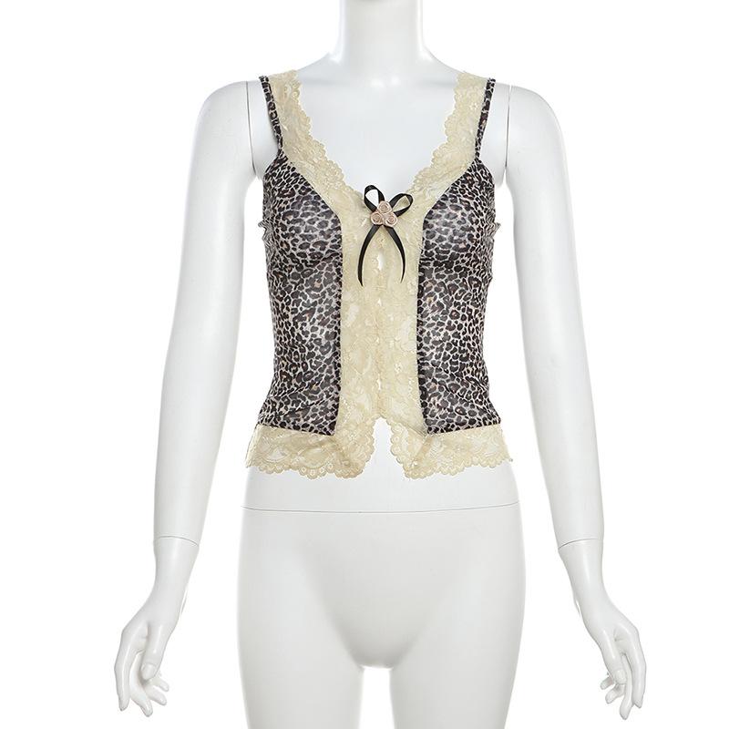 Leopard print lace bowknot rose applique cami top